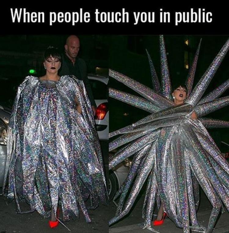 Woman with inflatable porcupine dress as to how it feels when people touch you in public.