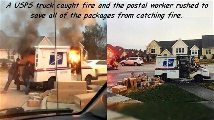 Amazing meme of USPS truck that caught fire and the postal workers rushed to save the packages from catching fire.