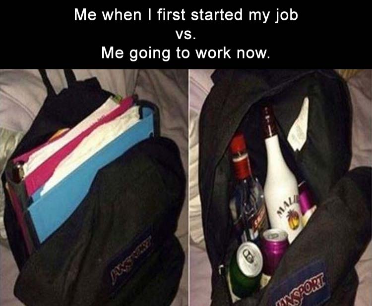 Funny meme about first day at work, vs how you got to work now.