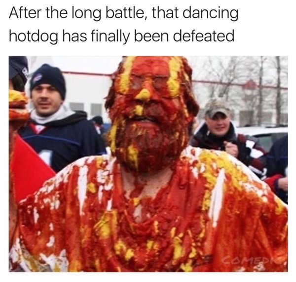 buffalo bills ketchup guy - After the long battle, that dancing hotdog has finally been defeated