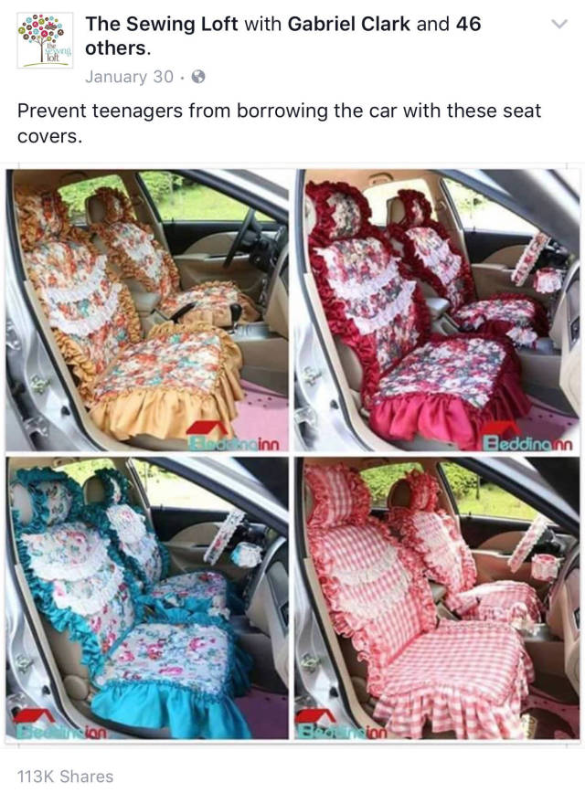keep your kids from driving your car - The Sewing Loft with Gabriel Clark and 46 others. January 30. Prevent teenagers from borrowing the car with these seat covers. SOOnainn Beddinann Section 3. Non