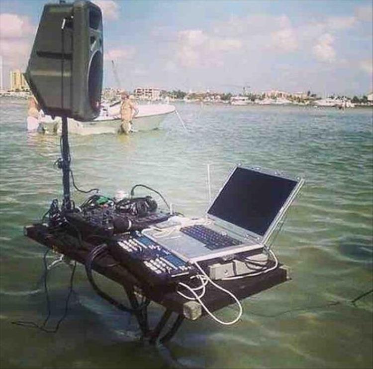Pic of full DJ set up in the middle of the water
