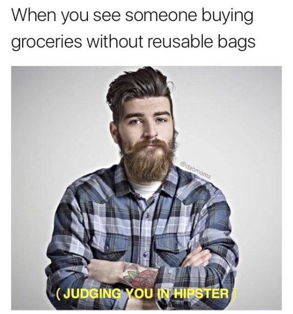 Judging hipster meme about buying groceries without reusable bags.