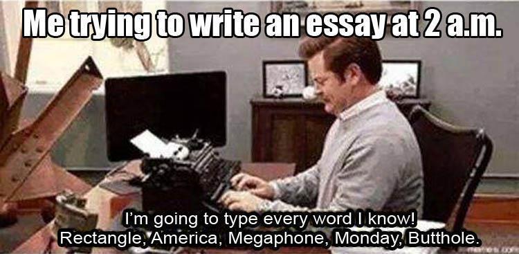 Funny meme about trying to write an essay at 2 am