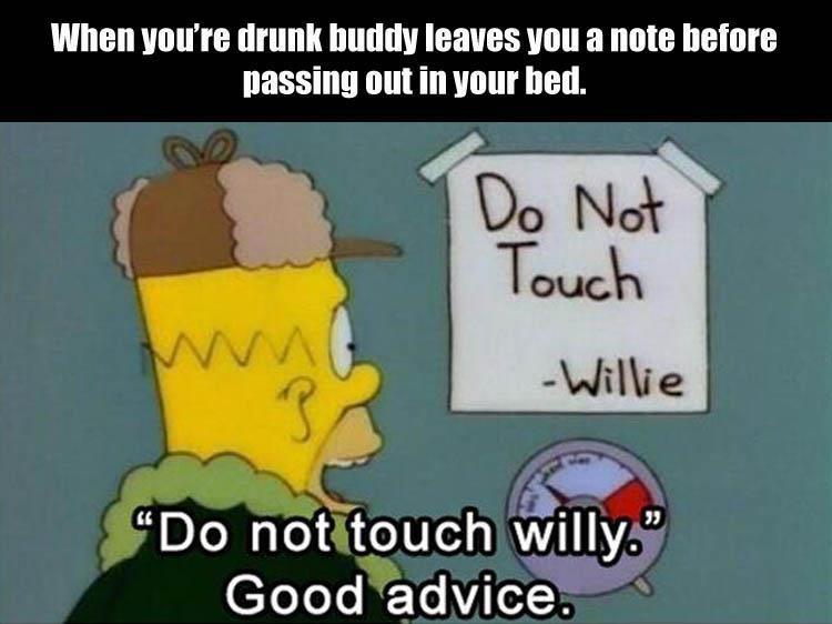 Simpsons meme about sign that Homer thinks is telling him Do Not Touch Willie.