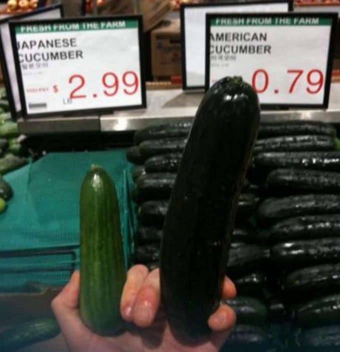 Japanese cucumber next to massive American cucumber. Pretty clear who won the war.
