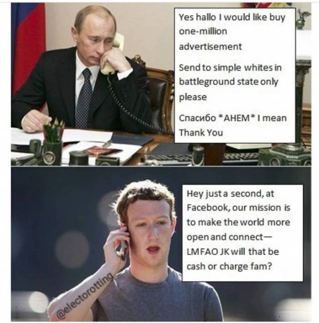 Meme of Putin calling Zuckerberg to order ads to sway the election