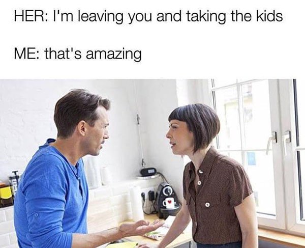 Funny meme of wife threatening to leave him and take the kids, which he exclaims as amazing.