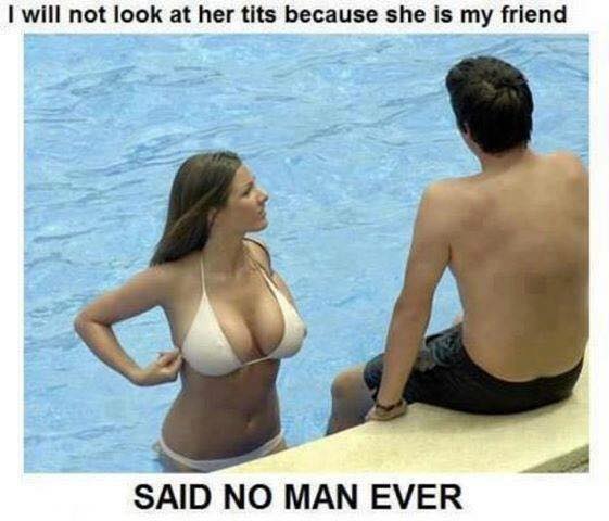 Meme about man avoiding staring at his female friend's breasts