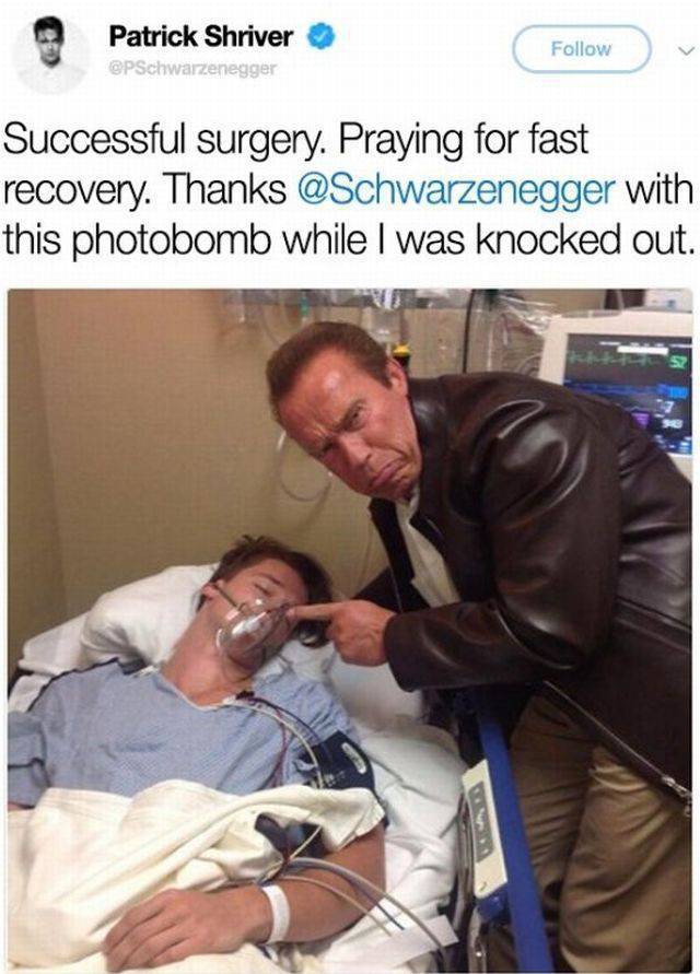 patrick schwarzenegger surgery - Patrick Shriver Successful surgery. Praying for fast recovery. Thanks with this photobomb while I was knocked out.