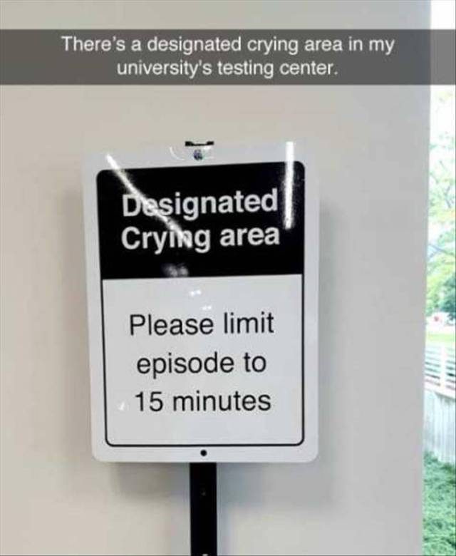 funny memes work fails - There's a designated crying area in my university's testing center. Designated Crying area Please limit episode to 15 minutes