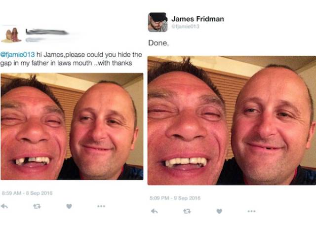james fridman photoshop - James Fridman jamio013 Done. hi James, please could you hide the gap in my father in laws mouth ..with thanks