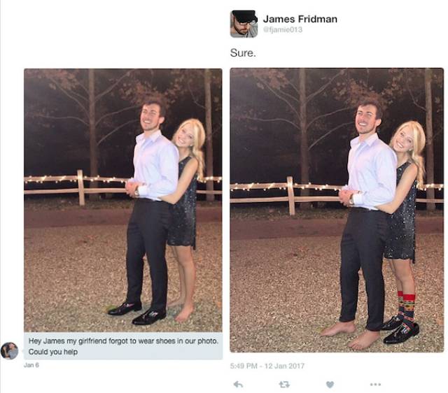 james fridman photoshop master - James Fridman fjamic013 Sure. Hey James my girlfriend forgot to wear shoes in our photo Could you help Jan