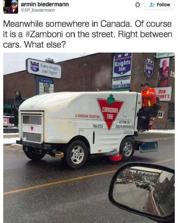 canada zamboni memes - armin biedermann Meanwhile somewhere in Canada. Of course it is a on the street. Right between cars. What else? Knights Just Right Inn Bock Conference Evetcetre Toid Best Don Herry'S A Canduan Tedition Tire 7462133 30 Piner South Bt