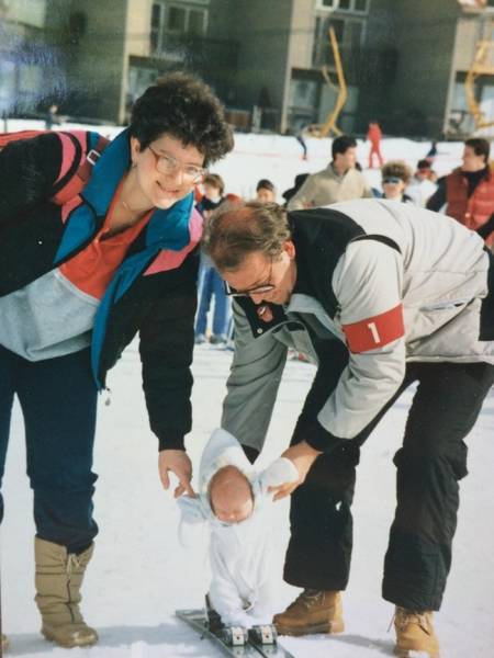 “Mom and Dad teaching me how to ski, 1987-88.”