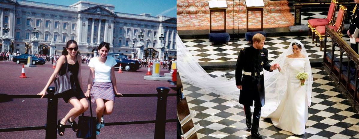 Meghan Markle outside Buckingham Palace aged 15, 22 years ago and today marrying a royal