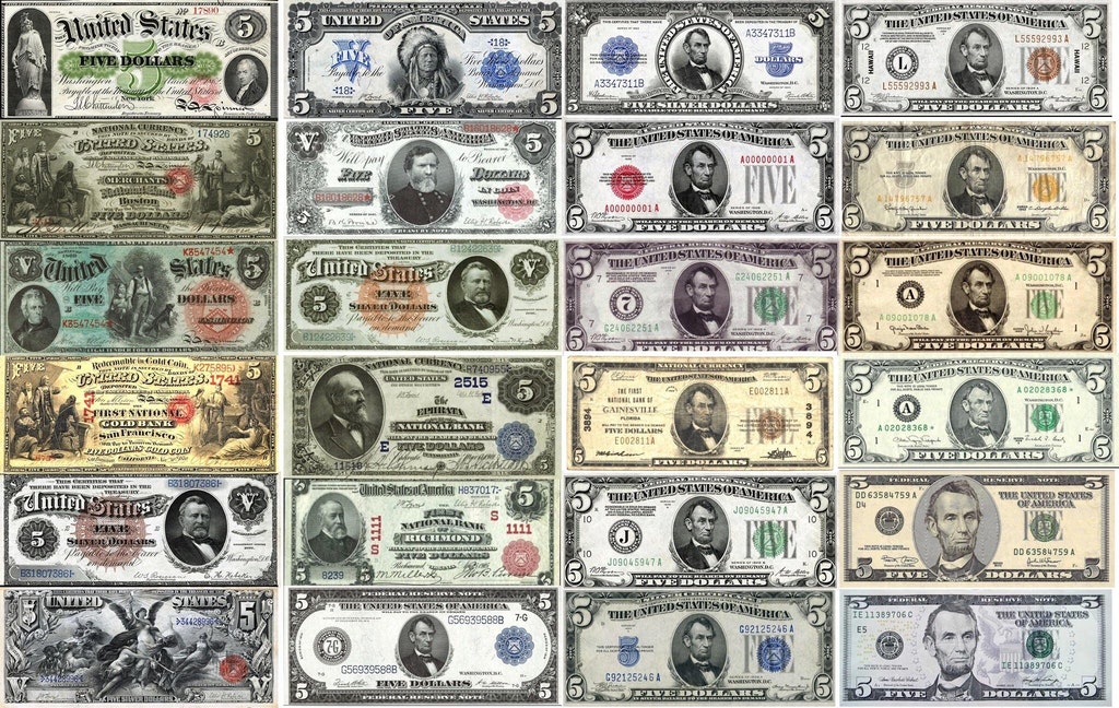 US Five Dollar Bills from 1862 to present