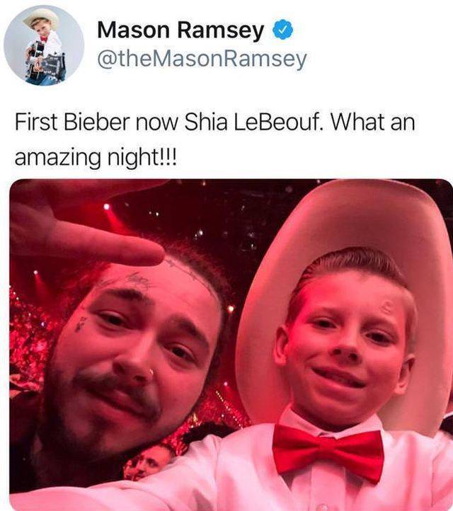 post malone yodel boy - Mason Ramsey First Bieber now Shia LeBeouf. What an amazing night!!!