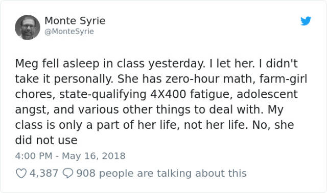 His post about being kind to a girl who fell asleep in his class went viral