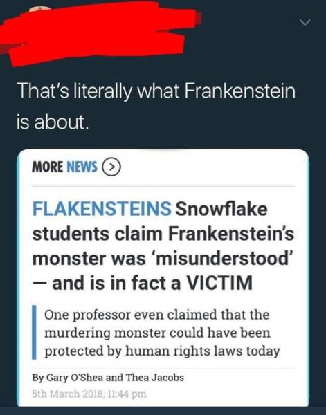liberal cringe - That's literally what Frankenstein is about More News Flakensteins Snowflake students claim Frankenstein's monster was 'misunderstood' and is in fact a Victim One professor even claimed that the murdering monster could have been protected