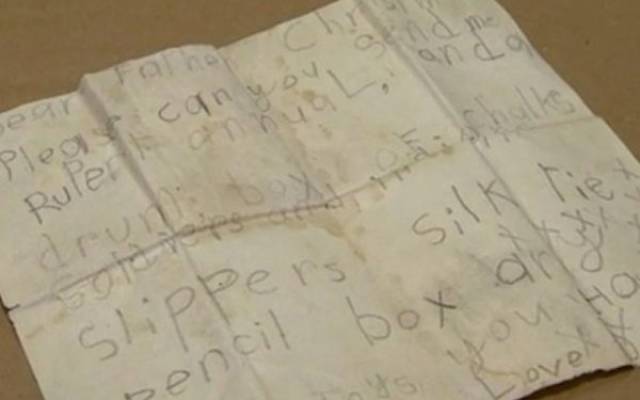 A lost letter to Santa-In 1943, a boy named David wrote a letter to Santa, asking for “slippers and a box of chalks.” Somehow, it got hidden in a chimney, and wasn’t discovered until 60 years later, when the house was being demolished.

Fortunately, the builders were able to track David down, and return the letter to him. Talk about sentimental value.