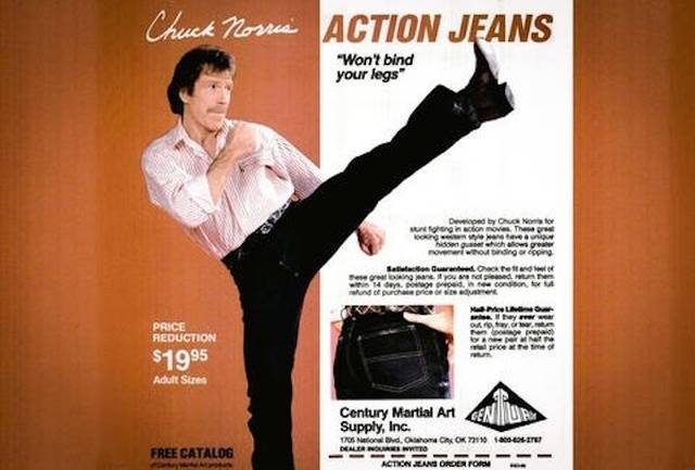 vintage ads - chuck norris action jeans - Chuck Norris Action Jeans "Won't bind your legs" ave Developed by Cho Nestor ng in cion movies. These pro Tema movene who bring or esping Salonul Ocean Front you want d . ped O to und of purchase pric e Ka Mehr Th