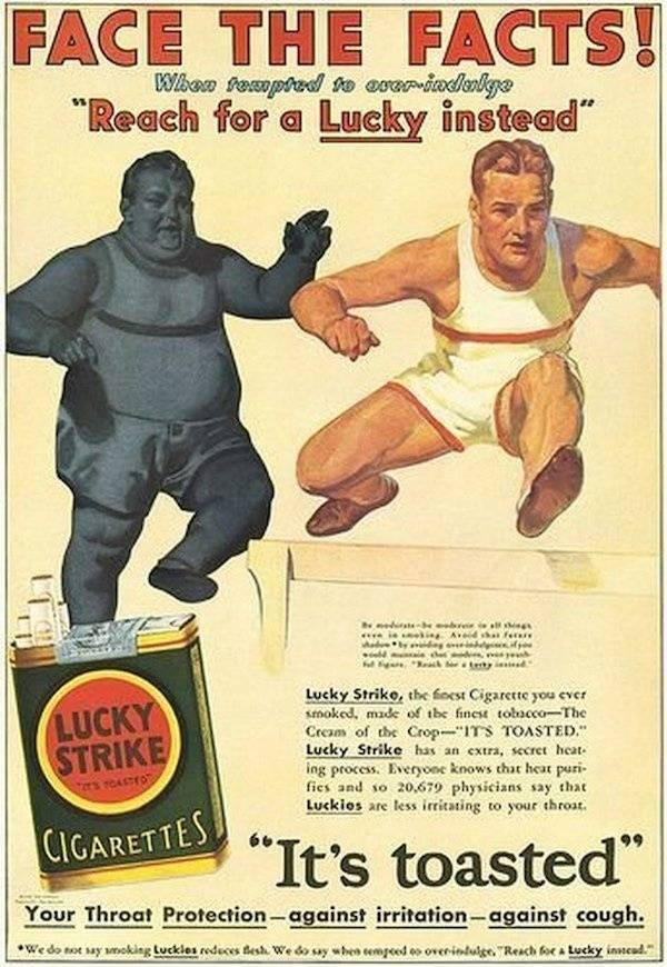 vintage ads - cigarette advertising - Face The Facts! Willa Bensoped to worricoxdanya "Reach for a Lucky instead" Web ve Ad ferere Volg Www ty Lucky Strike Lucky Striko, the forest Cigarette you ever smoked, mide of the finest tobaccoThe Cres of the Crop"