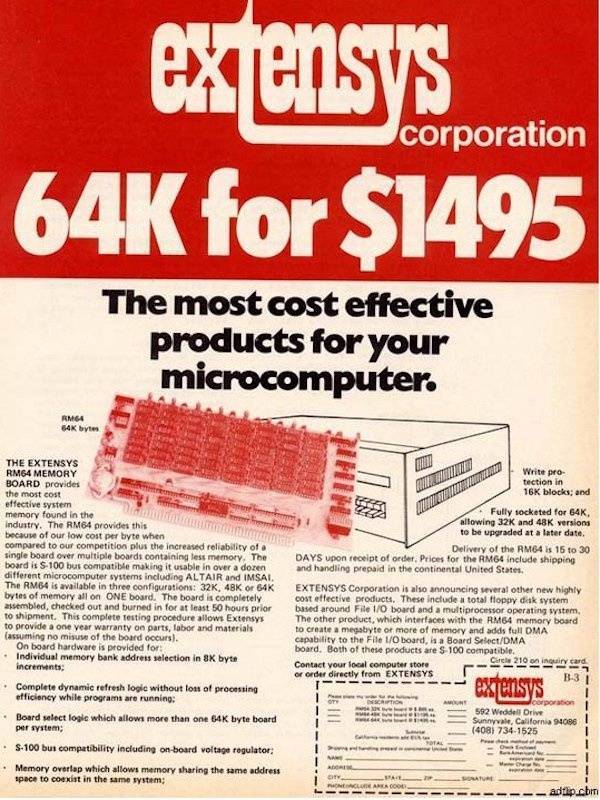 vintage ads - old computer ads - extensys 64K for $1495 corporation The most cost effective products for your microcomputer. RM64 54 K bytes ww Write pro tection in 16K blocks; and Www. Fully socketed for 64K allowing 32K and 48K versions to be upgraded a
