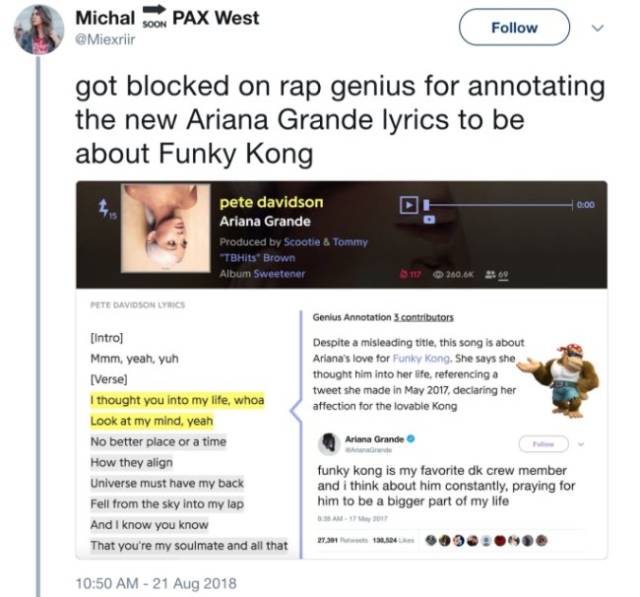 web page - Michal Soon Pax West got blocked on rap genius for annotating the new Ariana Grande lyrics to be about Funky Kong pete davidson Ariana Grande Produced by Scootie & Tommy "TBHits Brown Album Sweetener 200.0 350 Pete Davidson Lyrics Genius Annota
