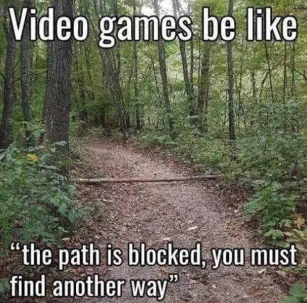video games be like the path is blocked - Video games be the path is blocked, you must. find another way"