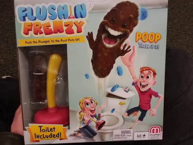 Flushin Frenzy Poop Push the Plunger 'til the Poop Pops Up! There it is! Toilet Included! Warning Dodgrad mattel