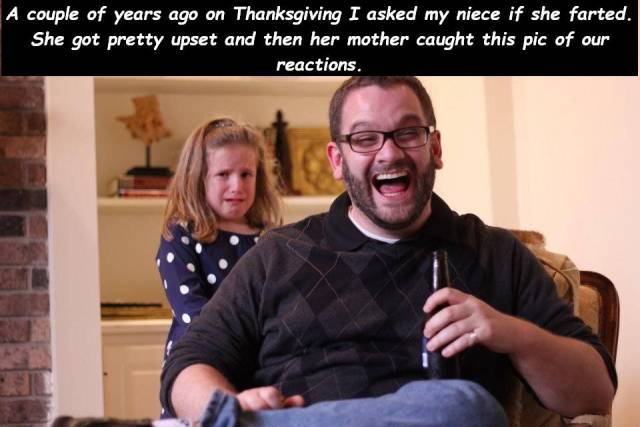 photo caption - A couple of years ago on Thanksgiving I asked my niece if she farted. She got pretty upset and then her mother caught this pic of our reactions.
