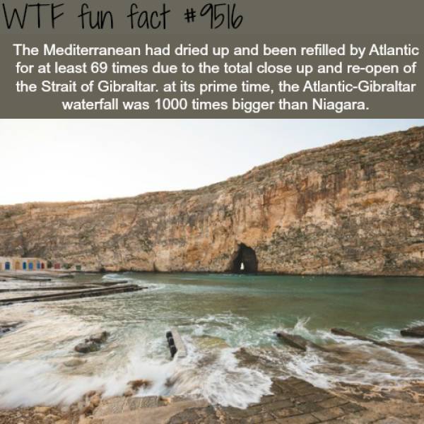inland sea cave - Wtf fun fact The Mediterranean had dried up and been refilled by Atlantic for at least 69 times due to the total close up and reopen of the Strait of Gibraltar, at its prime time, the AtlanticGibraltar waterfall was 1000 times bigger tha