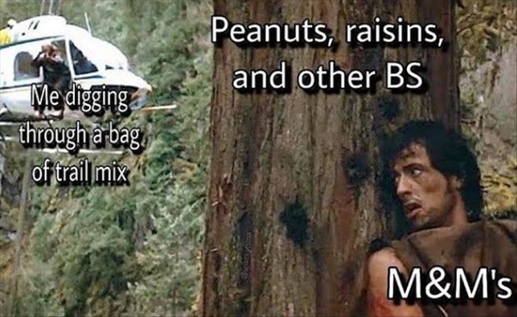 memes in 2012 memes in 2019 - Peanuts, raisins, and other Bs Me digging through a bag of trail mix M&M's