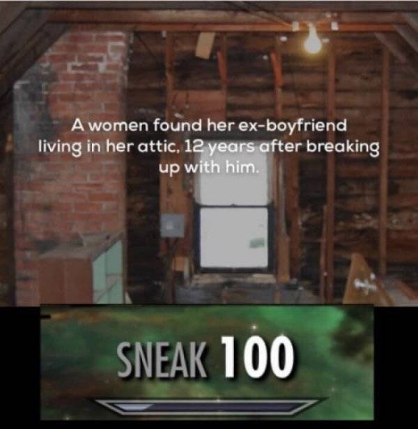 sneak 100 meme - A women found her exboyfriend living in her attic, 12 years after breaking up with him. Sneak 100