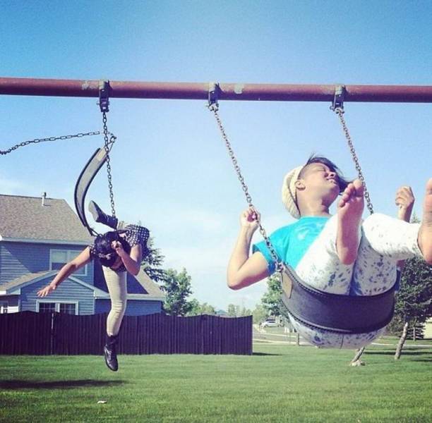 funny pics and memes - Swing cable snapping and kid flying off