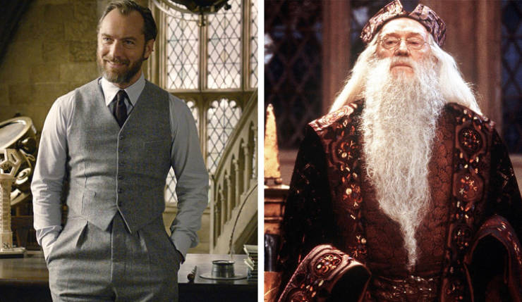 at what point Albus Dumbledore decided smart, grey 3-piece suits were out, and embellished, jewel-colored robes with a matching hat were in.”