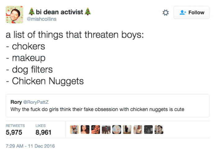 dank memes - of a web page - bi dean activist a list of things that threaten boys chokers makeup dog filters Chicken Nuggets Rory Why the fuck do girls think their fake obsession with chicken nuggets is cute 5,975 8,961