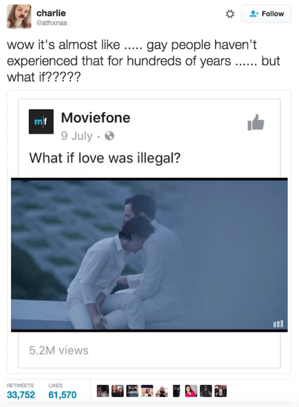 dank memes - of a screenshot - charlie Cathxnas wow it's almost ..... gay people haven't experienced that for hundreds of years ...... but what if????? Moviefone 9 July What if love was illegal? 5.2M views 33,752 61,570 Derator