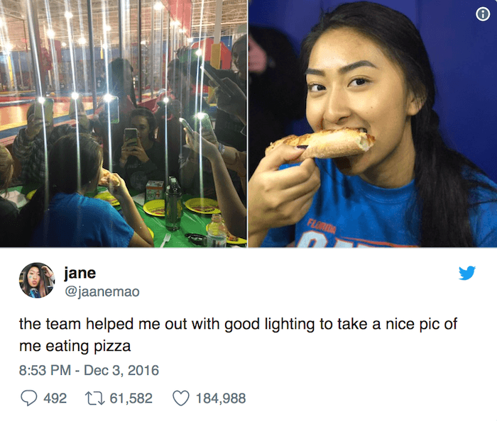 dank memes - of a girl eating pizza good lighting - jane the team helped me out with good lighting to take a nice pic of me eating pizza 9 492 22 61,582 184,988