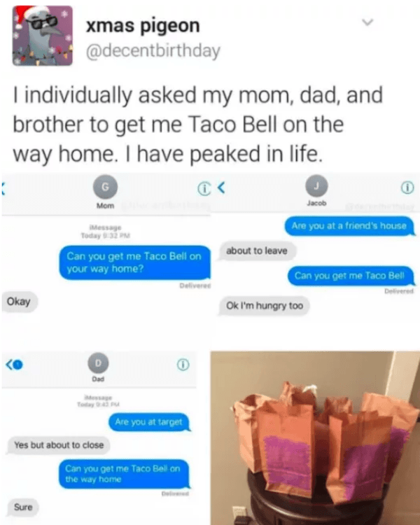 dank memes - of a teen tweets - og xmas pigeon I individually asked my mom, dad, and brother to get me Taco Bell on the way home. I have peaked in life. Mom Jacob Are you at a friend's house Message Today 32 Pm about to leave Can you get me Taco Bell on y