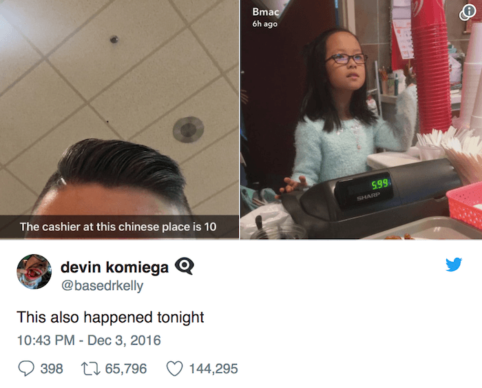 dank memes - of a chinese restaurant kid cashier - Bmac 6h ago 599 Sharp The cashier at this chinese place is 10 devin komiega Q This also happened tonight 398 65,796 144,295