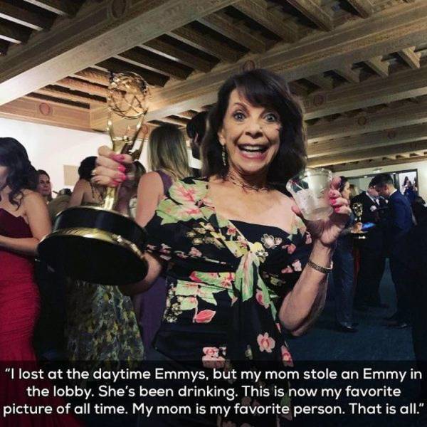 girl - "I lost at the daytime Emmys, but my mom stole an Emmy in the lobby. She's been drinking. This is now my favorite picture of all time. My mom is my favorite person. That is all."