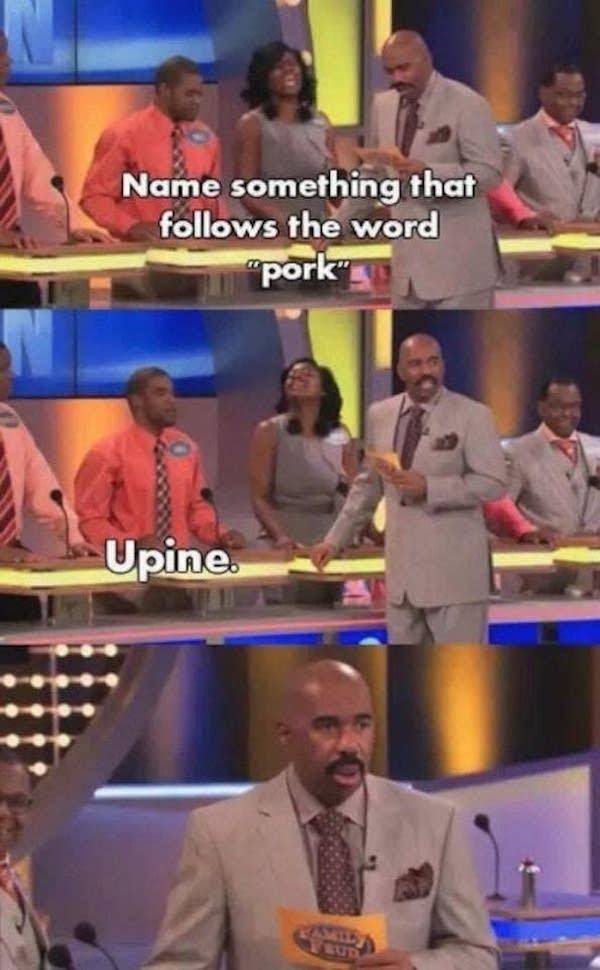 family feud funny answers - Name something that s the word "pork" Upine.