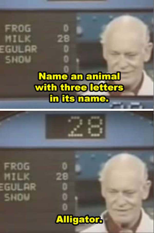 dumb family feud alligator - Frog Milk 28 Egular Show Name an animal with three letters in its name. 28 Frog Milk Egular Shou Alligator.