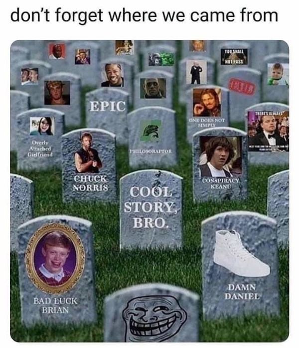 meme graveyard - don't forget where we came from Not Pass Epic One Does Not Simply Overly Attacbed Girlfriend Ilosokaito Chuck Norris Conspiracy Keanu Cool Story, Bro. Damn Daniel Bad Luck Brian