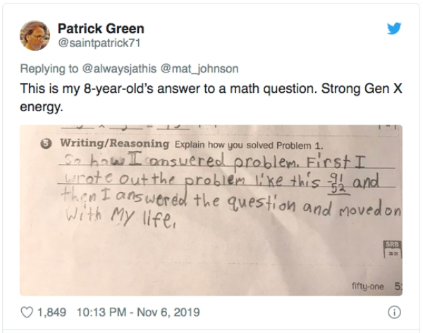document - Patrick Green This is my 8yearold's answer to a math question. Strong Gen X energy. 5 WritingReasoning Explain how you solved Problem 1. So how I answered problem. First I wrote out the problem this all and then I answered the question and move