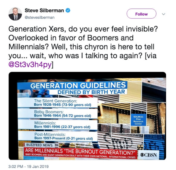 web page - Steve Silberman Generation Xers, do you ever feel invisible? Overlooked in favor of Boomers and Millennials? Well, this chyron is here to tell you... wait, who was I talking to again? via Generation Guidelines Defined By Birth Year The Silent G