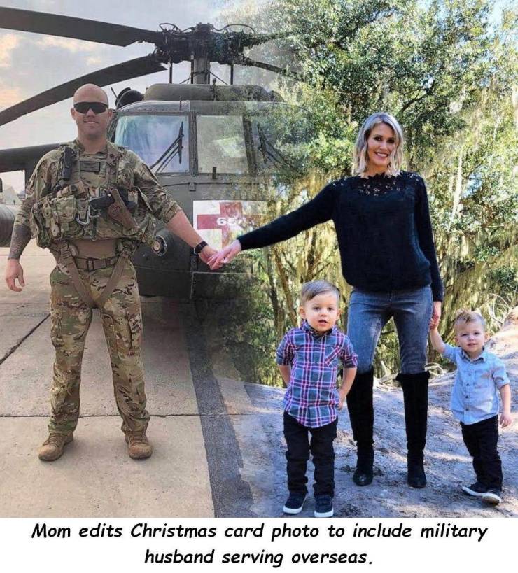 soldier - Mom edits Christmas card photo to include military husband serving overseas.