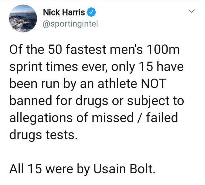 quotes - L Nick Harris Of the 50 fastest men's 100m sprint times ever, only 15 have been run by an athlete Not banned for drugs or subject to allegations of missed failed drugs tests. All 15 were by Usain Bolt.